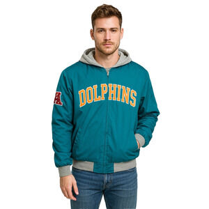 VTG NFL Miami Dolphins Reversible Hooded Full Zip Jacket Green Gray size Large